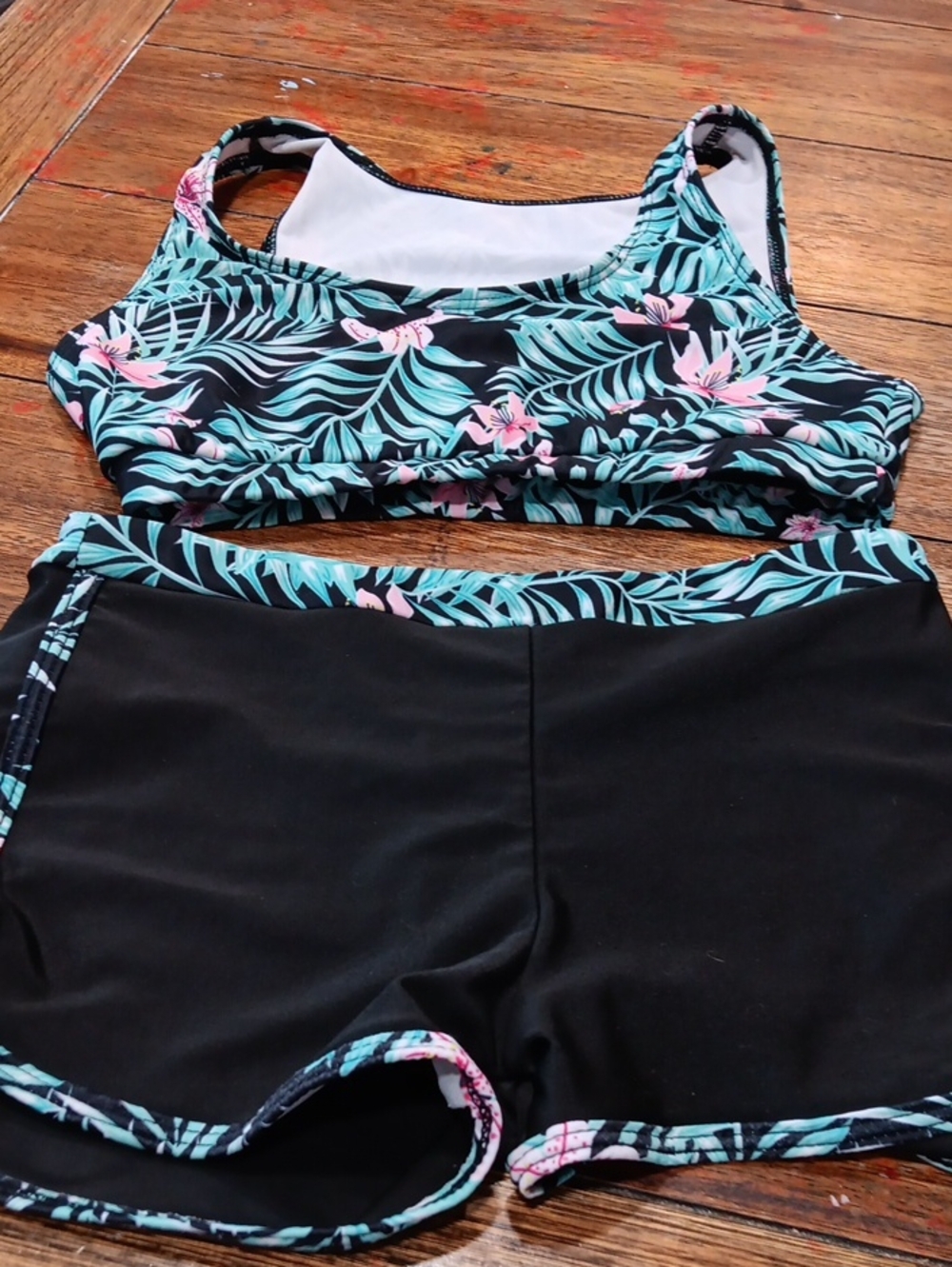 Girls Black Tropical Print Two-Piece Swim Set